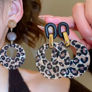 Retro Leopard Print Hoop Earrings With 925 Sterling Silver Earring Post Acrylic Resin Wood Maillard Style Jewelry For Women