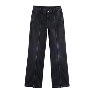 Pantalon Femme Rétro Jeans en Denim Noir Délavé Jambe Large Avec Poignets à Fermeture Éclair Taille Moyenne Droit Hiver Décontracté Streetwear