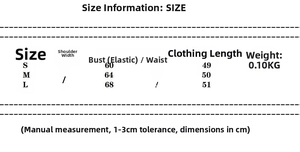 Guide des tailles du haut dos nu avec mesures du buste et longueur en centimètres