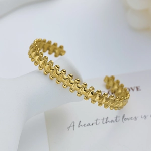 Minimalist 18k gold plated stainless steel C-shaped open cuff bangle with pyramid texture