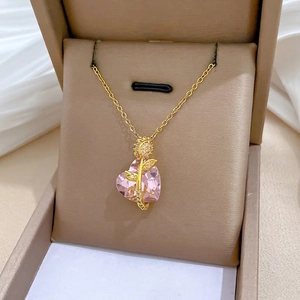 Pendant Necklace Pink Heart Crystal Stainless Steel Gold Plated Rose Flower With Zirconia Sparkling Elegant For Women