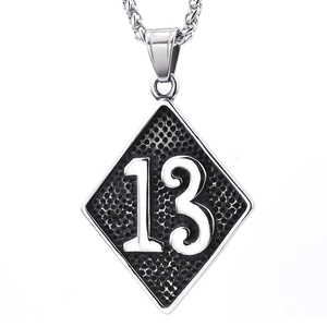 Rhombus 1%ER stainless steel pendant necklace with number 13 on woven chain