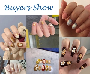 Detail of 3D embossed nail art stickers with cartoon bears and plaid bows in diverse colors