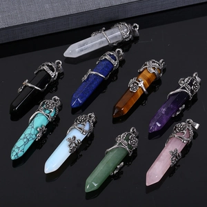 Set of 8 natural crystal hexagonal pendants with silver tree of life metal wrapping