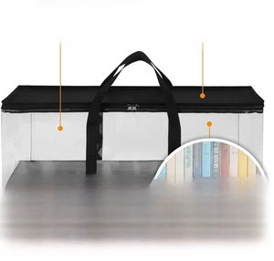 Close-up of durable PVC storage bag with black polyester trim and secure double zippers
