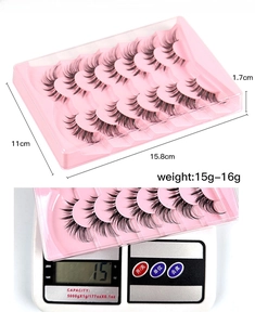 Detailed view of 10 pairs of clear band lashes with box dimensions 15.8cm x 11cm x 1.7cm