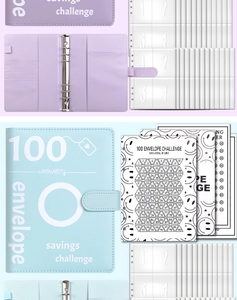 Detail of 100 envelope savings challenge binder with purple and blue PU leather covers