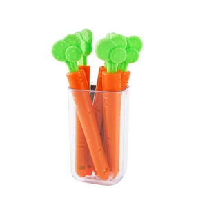 Carrot-shaped plastic food bag sealing clips set in a transparent storage container