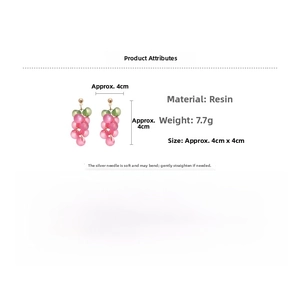 Detail view of pink resin grape earrings with silver needles and size measurements