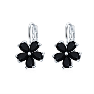 Silver flower leverback earrings featuring five black teardrop zircon petals for women