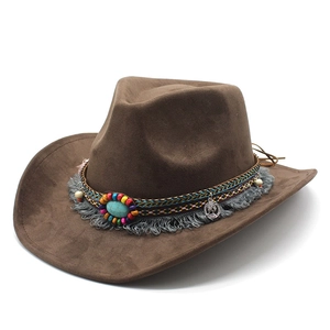 Brown faux suede western cowboy hat with ethnic beads, turquoise stone and tassels