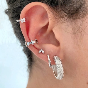 Chic 925 silver mesh texture hoop earrings and cz stud set for a vintage stylish look