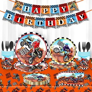 Motocross themed birthday party set with plates cups napkins and happy birthday banner