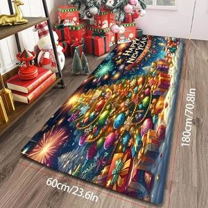 Detail view of 180x60cm Christmas floor mat with Happy New Year greeting on wood floor