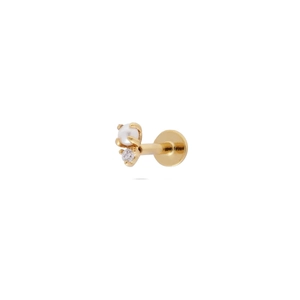 Macro detail of gold S925 sterling silver stud earring featuring pearl and zircon inlay