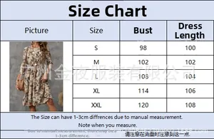Detailed size chart for floral print dress showing bust and length in centimeters