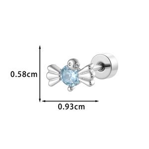 Orecchino a bottone in argento a forma di caramella con zircone blu e ali, 0,58x0,93cm