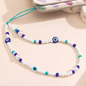 Evil Eye Beaded Phone Lanyard Acrylic Beads Faux Artificial Pearl Anti-Lost Strap Handheld Keychain Jewelry Accessories Women