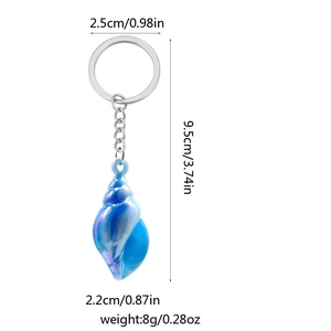 Blue ocean shell keychain with dimensions and weight specs on a clean white background