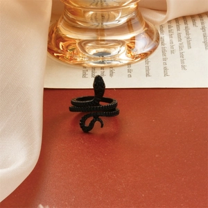 Close-up of matte black snake ring with scale texture on vintage book and silk background