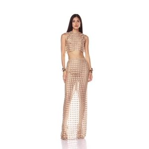 Champagne gold crochet knit two-piece set featuring sleeveless crop top and sheer maxi skirt