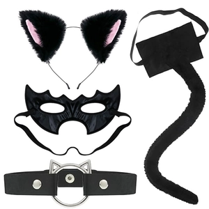 Detailed four-piece Halloween cat cosplay set with plush ears, eye mask, collar, and tail