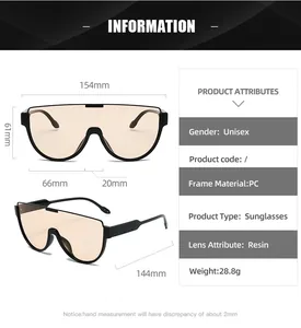 Size chart showing exact dimensions of oversized unisex aviator shield sunglasses