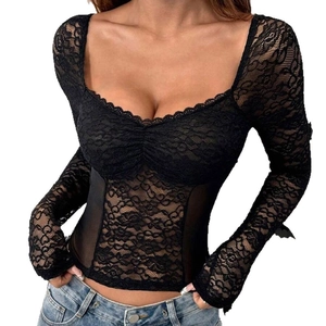 Sexy schwarzes Spitzen-Crop-Top mit V-Ausschnitt und zartem Blumenmuster, Langarm