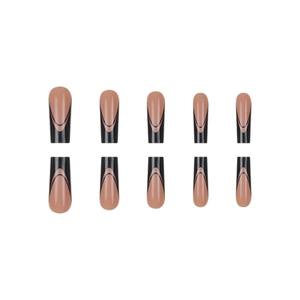 Minimalist long trapezoid press-on nails with black French double arc design