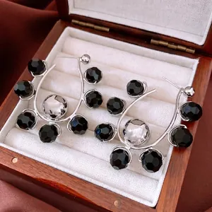 Geometric C-Shape Hoop Stud Earrings With Black Faceted Glass Beads And 925 Sterling Silver Earring Post Retro For Women