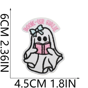 Detailed embroidery patch featuring a ghost reading a book with precise 6x4.5cm dimensions
