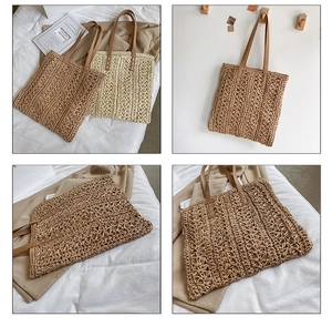 Detail view of hand-woven crochet hollow patterns and premium brown leather straps on tote bag