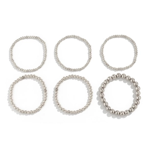 Set of six silver beaded stretch bracelets featuring small and large metal beads