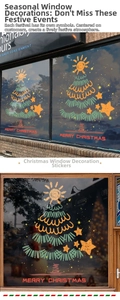 Détail de stickers sapin de Noël avec étoiles et soleil sur une vitrine de magasin