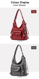 Detail view of soft leather shoulder bags in wine red and grey with zipper pockets