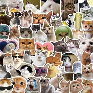 Detailed view of waterproof PVC cartoon cat stickers featuring various funny expressions