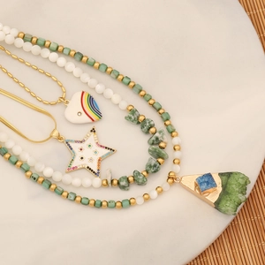Three-piece gold necklace set with heart star charms and green natural stone pendant
