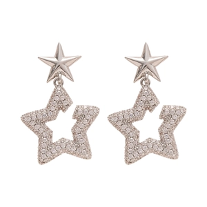 Elegant silver star drop earrings with micro-set zircons and double pentagon star design