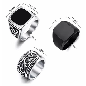 Men's Vintage Stainless Steel Celtic Knot Ring Set Matte Black Square Stamp Ring Carved Band Punk Jewelry Gift For Men