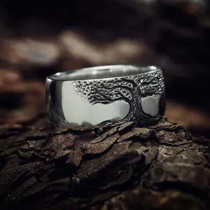 Vintage oxidized silver Tree of Life wide ring with intricate nature relief on wood bark