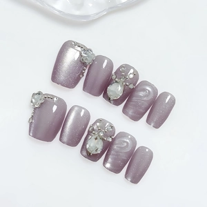 Purple cat eye press-on nails set with 3D rhinestones and silver metal beads
