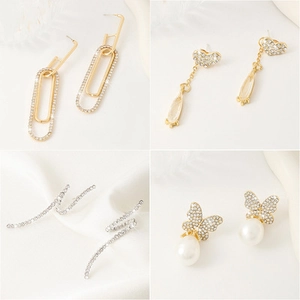 Collage of four earring styles with pearls, crystals, geometric shapes and butterfly designs