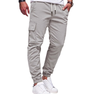Men's light grey cargo joggers with drawstring waist and side flap pockets