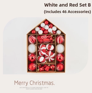 Detailed set of 46 red and white Christmas ornaments in a house-shaped gift box