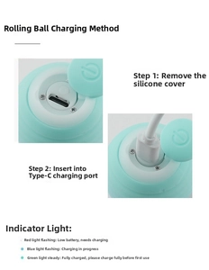 Detail of mint green cat toy ball showing Type-C charging port and LED status indicators