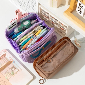 Large capacity multi-layer pencil case showing open purple and closed brown styles