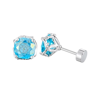 Minimalist silver screw back stud earrings with square-cut blue zircon gemstones