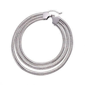 Three-layer silver metallic snake chain necklace with industrial minimalist layered design