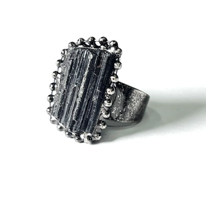 Vintage irregular black tourmaline open ring with antique silver plated finish