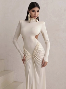 Elegant cream long sleeve mermaid dress with waist cut-outs and pleated details